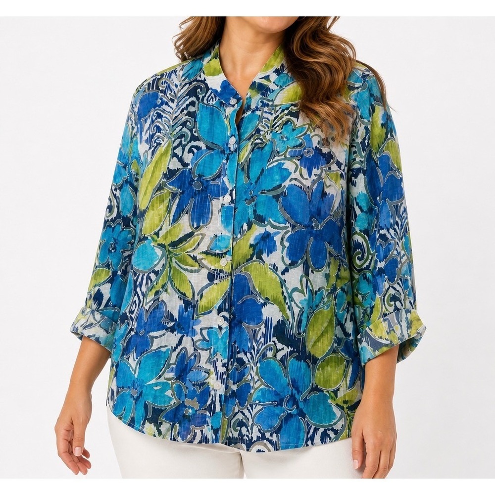 Alfred Dunner Womens Blue Green Floral Rayon Blend Button Up Blouse Size 18